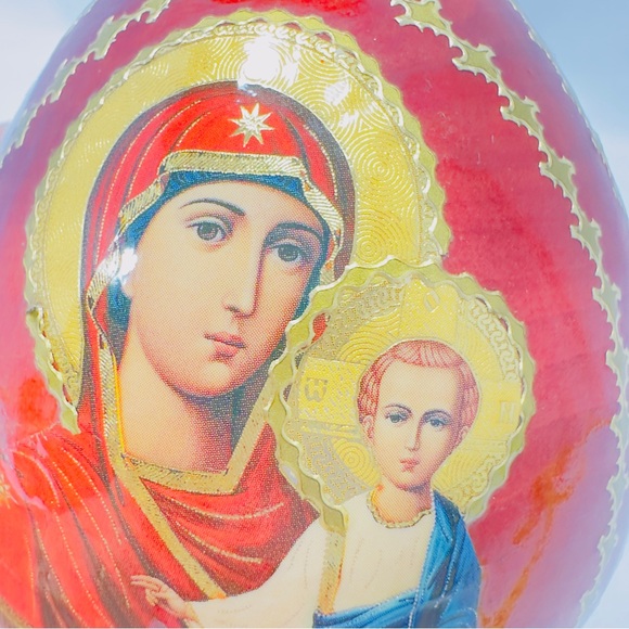 Russian Orthodox Religious Icon Red Gold Tone Decorative Egg Madonna and Child - Picture 9 of 16